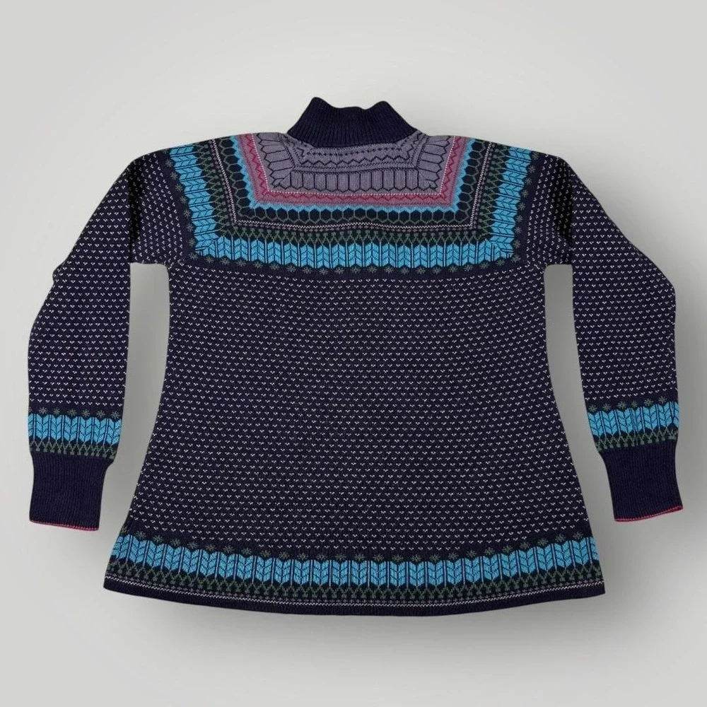 Eddie Bauer Sweater Tunic Womens Large Blue‎ Fair Isle 1/4 Zip Mock Neck Knit
